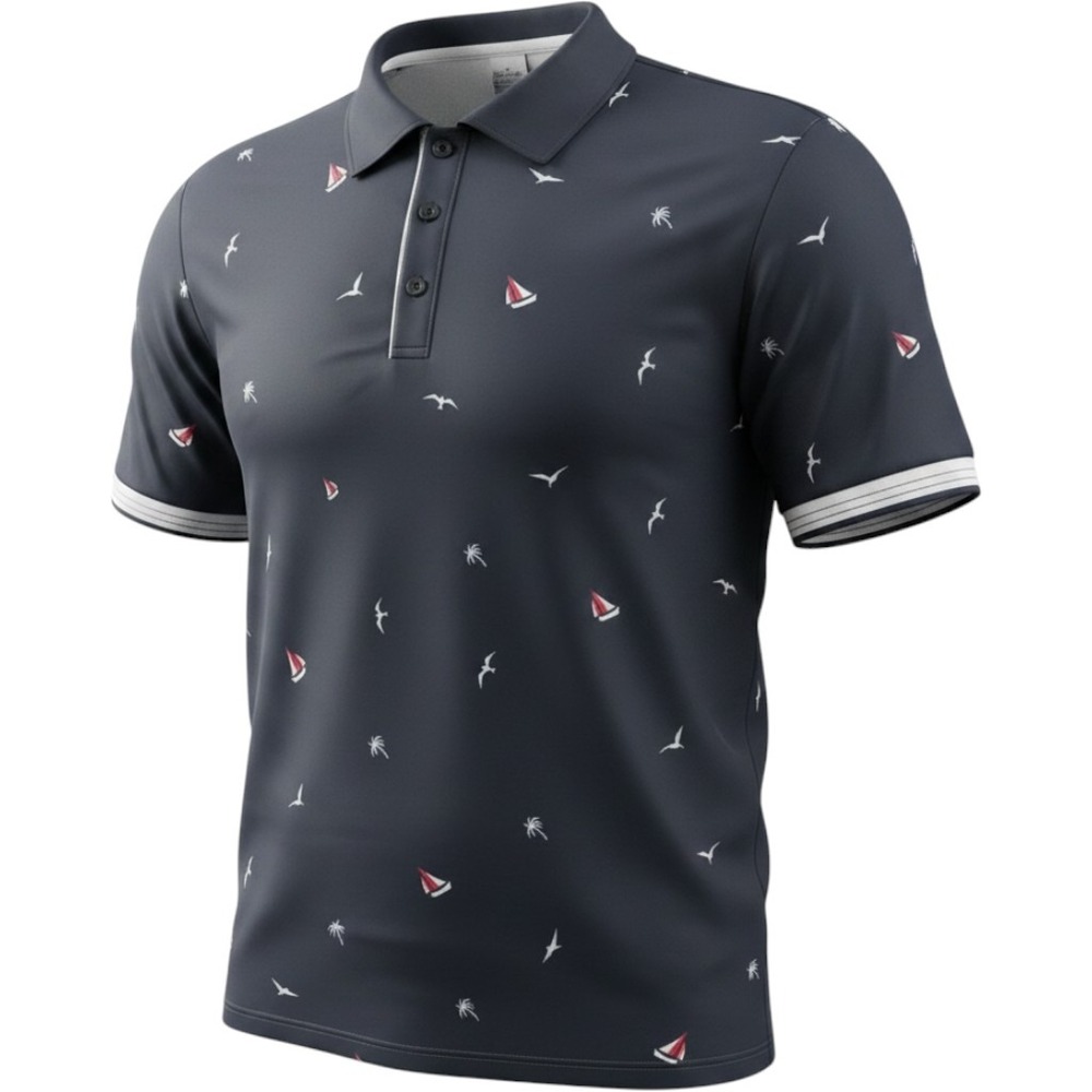 Men's short sleeved polo shirt summer fashion printed sports T-shirt, navy blue - Picture 1 of 8